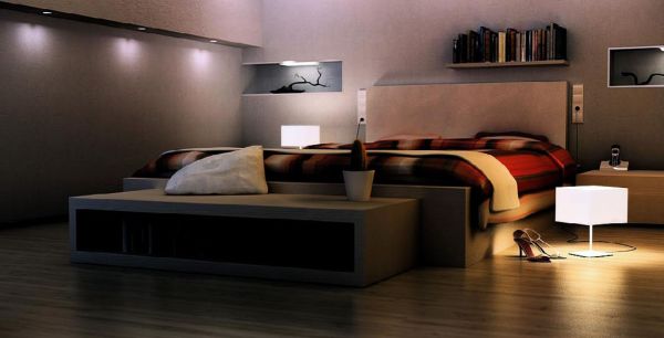 Phòng ngủ thiết kế với tông màu xám và đèn hắt hiện đại