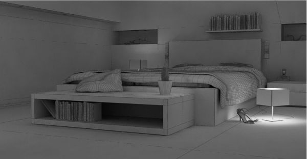 Bản vẽ phối cảnh 3D Phòng ngủ thiết kế với tông màu xám và đèn hắt hiện đại