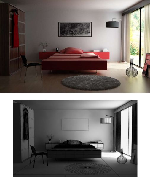 Giường và bộ chăn ga gối màu đỏ tạo cho phòng ngủ vẻ ấm áp