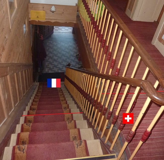 Một nửa cầu thang thuộc lãnh thổ Pháp, còn nửa kia thuộc lãnh thổ Thụy Sĩ.