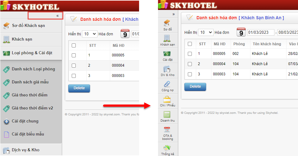 Chế độ hiển thị menu thu gọn trong phần mềm quản lý khách sạn Skyhotel