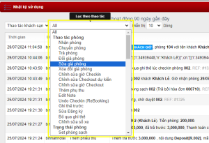 Lọc theo thao tác trong nhật ký phần mềm quản lý khách sạn Skyhotel