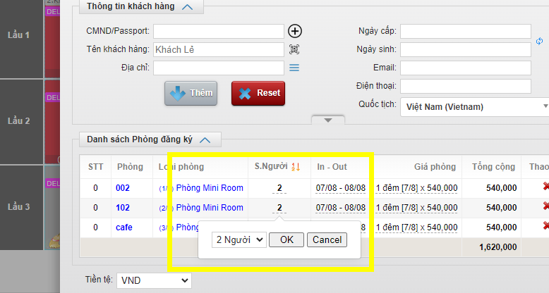 Chỉnh sửa số lượng người trong tính năng booking khách đoàn