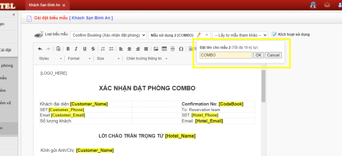 Đặt tên cho mẫu confirm booking