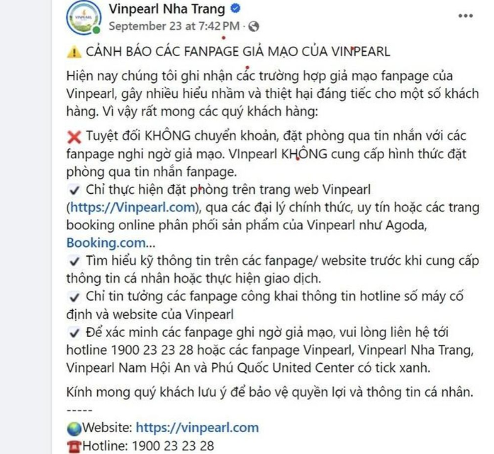 Vinpearl Nha Trang đăng cảnh báo về việc các web mạo danh