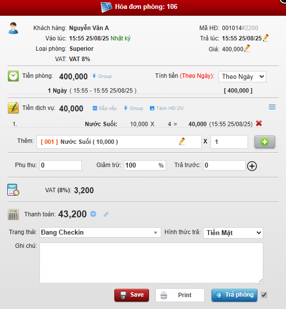 Giảm trừ hóa đơn khách sạn trên phần mềm quản lý khách sạn Skyhotel