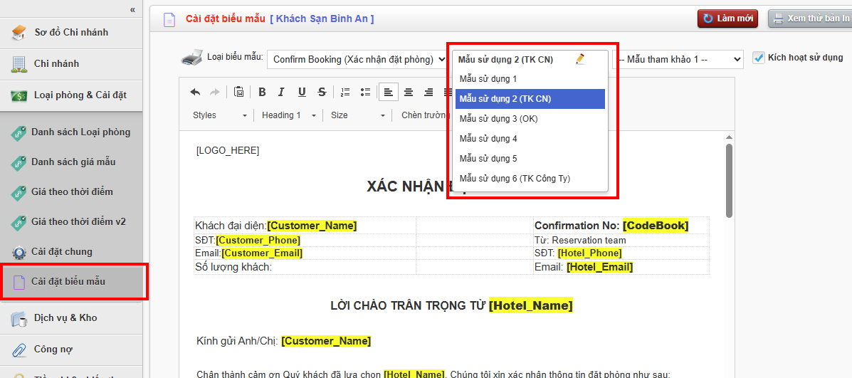 Tạo được đến 6 mẫu Confirm booking tùy chỉnh trong phần mềm quản lý khách sạn Skyhotel