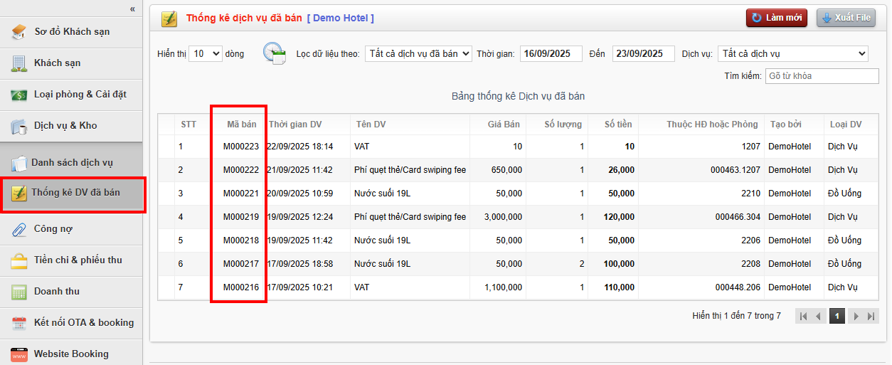 Mã bán hàng cho mỗi lần dịch vụ bán ra trên phần mềm quản lý khách sạn Skyhotel