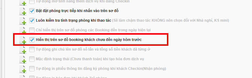 Cài đặt hiển thị trên sơ đồ khách sạn các booking khách chưa đến ngày hôm trước