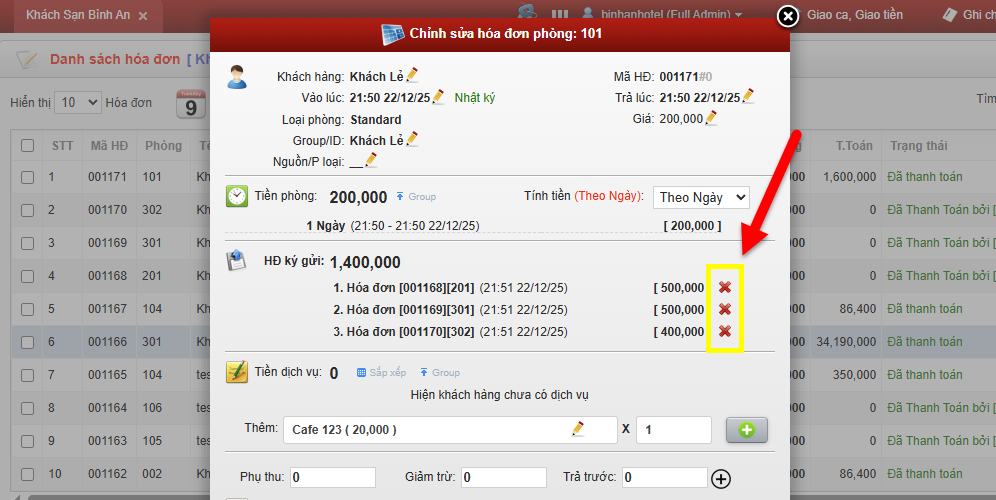 Có thể gỡ hóa đơn ký gửi trực tiếp trong chế độ chỉnh sửa hóa đơn khách sạn