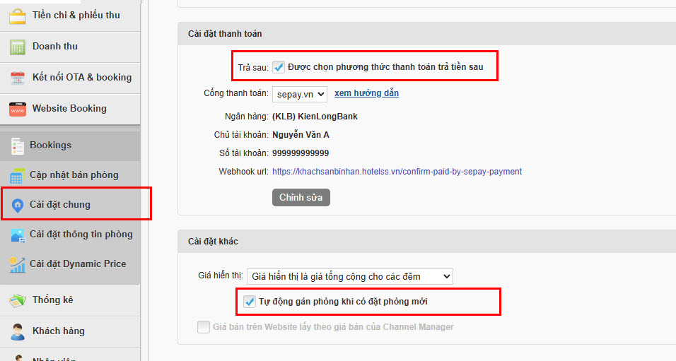 "Lựa chọn phương thức trả sauphương thức trả sau" và "Tự động gán phòng khi có booking mới từ website"