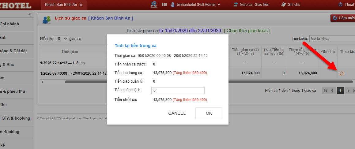 Cập nhật đồng bộ lại tiền giao ca khi chỉnh sửa số liệu các ca đã giao
