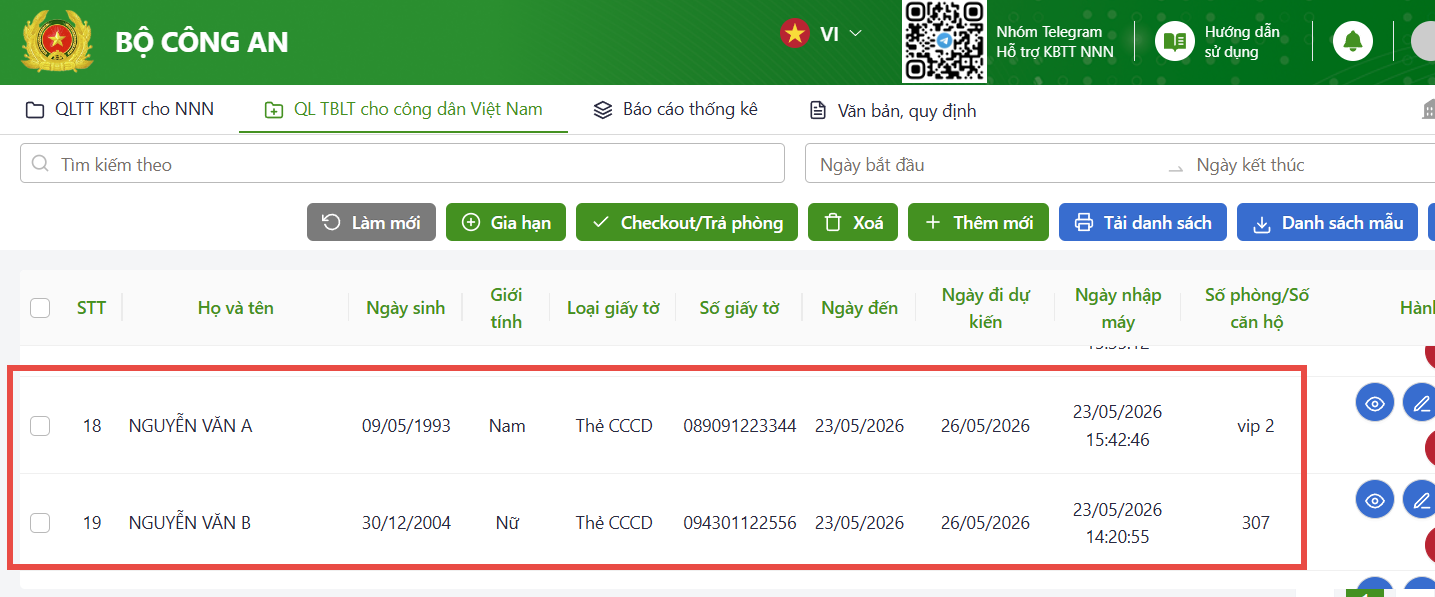 Khách sạn báo cáo lưu trú tại trang web mới: https://tbltkbtt.bocongan.gov.vn/